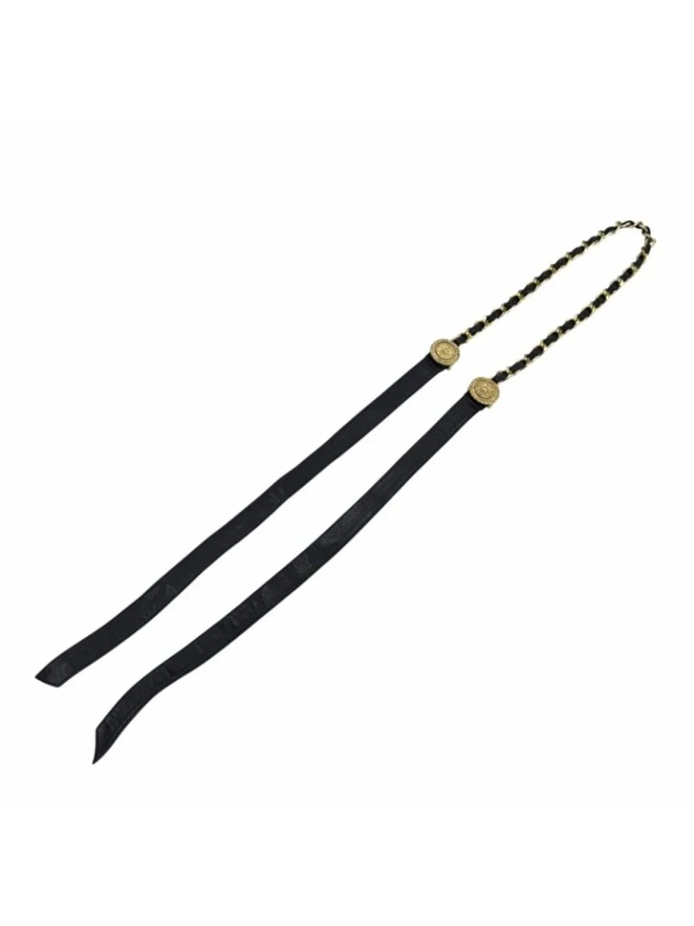 Chanel Vintage Metal CC Logo Leather Chain Ribbon Belt Gold Black